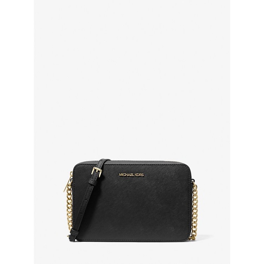 NWT Michael Kors Jet Set Large Crossbody Black Saffiano Leather Gold Chain Chic!